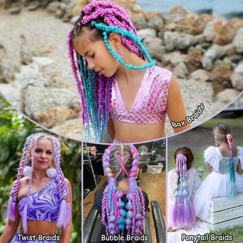 Miniatura 5 de 3 paquetes de extensiones de cabello sintético para trenzas de 24 pulgadas, color verde azulado, cabello trenzado jumbo para festivales coloridos