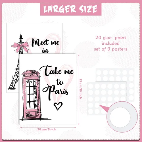 Miniatura 2 de Pajean 9 piezas de decoración de París para dormitorio, baño, arte de pared rosa de París, Torre Eiffel, impresiones artísticas románticas