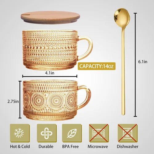 Miniatura 7 de 4 tazas de café, tazas de café vintage, recipientes de avena durante la noche con tapas y cucharas, vasos de café de 14 onzas, juego de vasos