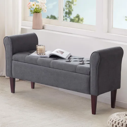 Miniatura 10 de HUIMO Banco de almacenamiento de 48 pulgadas, otomana de almacenamiento con brazos con patas de madera maciza de 7.5 pulgadas, banco de pie de cama