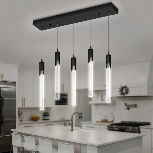 Miniatura 17 de Flashing God Luces colgantes negras modernas LED para isla de cocina, mini luz colgante de cristal con luz LED regulable de cristal de burbujas