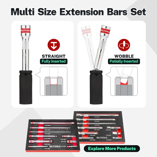 Miniatura 5 de BILITOOLS Juego de extensión articulada, 9 piezas de 1/4", 3/8" y 1/2" de encastre de trinquete de extensión flexible, acero Cr-V