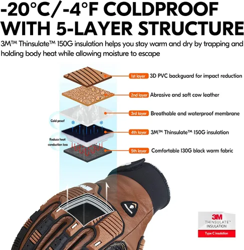 Miniatura 2 de Vgo... 1 Par -20℃/-4°F A PRUEBA DE FRÍO, Guantes de Cuero de Trabajo de Invierno, Guantes de Impacto, Anti-Vibración, Resistentes al Agua (CA7722FW)