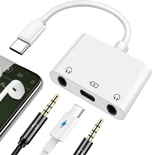 Adaptador de audio USB-C 3 en 1 a 0.138 in con puerto de carga rápida PD de 60 W | Aux to USB C Headphone Splitter, Dual 3.5mm Audio Jacks for Two
