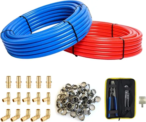 Miniatura 10 de Tubo HeSun PEX-B de 1/2 pulgada, tubo Pex B de 2 x 100 pies con accesorios Pex de latón de 1/2 pulgada: 15 piezas de codo, acoplamiento y T