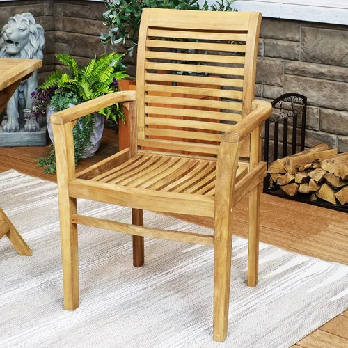 Miniatura 6 de Sunnydaze Silla de comedor de teca maciza para exteriores, silla de patio con listones de madera duradera con brazos para patio trasero, terraza