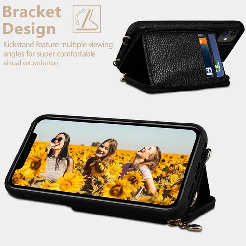 Miniatura 4 de Funda para iPhone 11 de 6.1 pulgadas, cartera cruzada con cremallera y ranuras para tarjetas de bloqueo RFID, soporte de soporte, cordón desmontable
