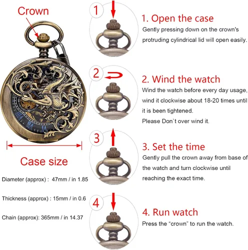 Miniatura 5 de Carrie Hughes Men Mechanical Pocket Watch with Chain Lucky Dragon Steampunk Skeleton Hunter Double Open in Box CHPW10