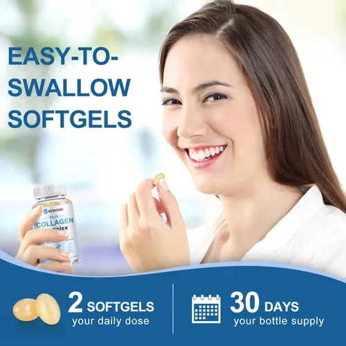 Miniatura 7 de BEWORD Cápsulas blandas de colágeno múltiple para mujeres y hombres, 60 cápsulas – Colágeno hidrolizado tipo I, II, III, V, X con vitamina C y ácido