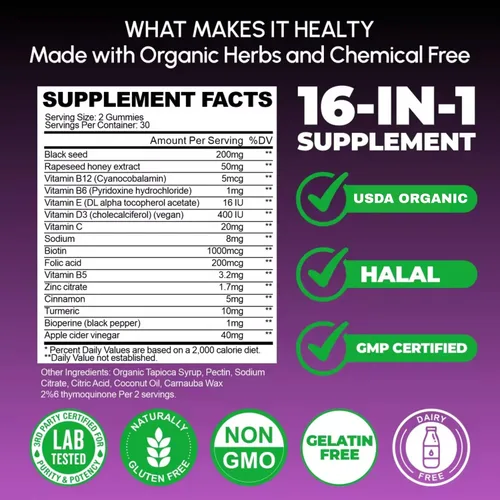 Miniatura 4 de Gomitas de aceite de semillas negras y miel con cúrcuma – Suplemento 16 en 1 con vitaminas D3, B12, biotina y zinc – USDA orgánico, halal, vegano