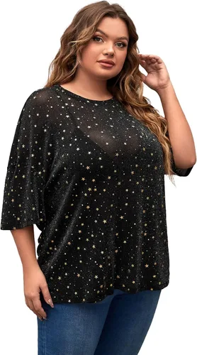 Miniatura 4 de MakeMeChic Camiseta de manga corta de malla transparente con purpurina para mujer, talla grande