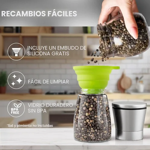 Miniatura 3 de Home EC Juego de 2 molinillos de sal marina y pimienta de acero inoxidable originales, de cerámica ajustable, salero y pimentero de cristal, Vidrio