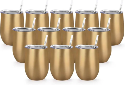Miniatura 28 de Paquete de 12 vasos de vino de acero inoxidable, 12 onzas, doble pared, aislados al vacío, con tapas y pajitas, copas de vino sin tallo de acero Oro