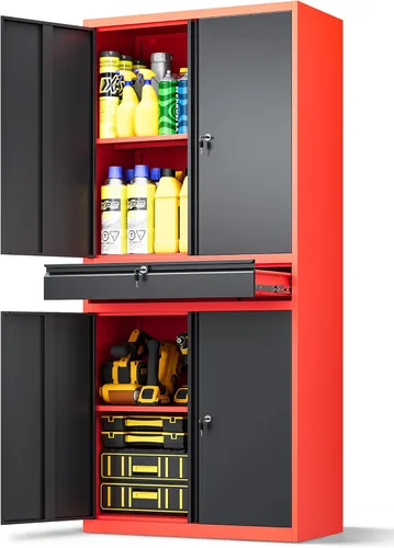 Miniatura 11 de Armario de almacenamiento de metal, archivador alto con 2 estantes ajustables y cajón, gabinete de herramientas de acero con cerradura para oficina