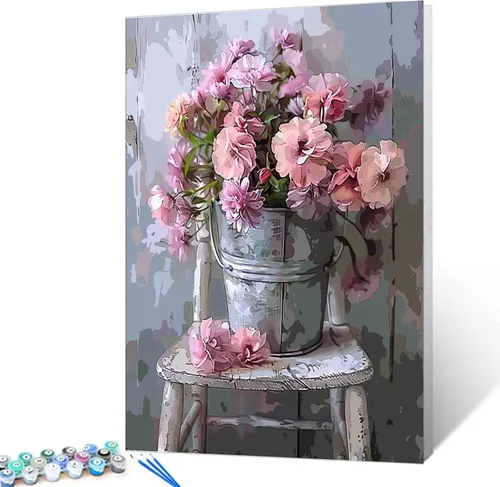 Pintura de bricolaje por números Flores rosadas - Kit de pintura para adultos estilo vintage sobre lienzo
