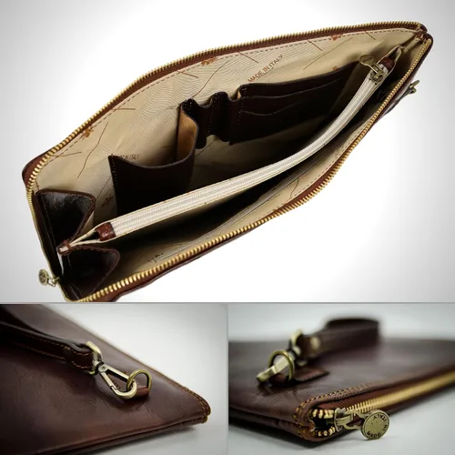 Miniatura 5 de Bolso de mano de cuero para hombre, organizador de muñeca, maletín hecho a mano en Italia, resistencia al tiempo, Marrón