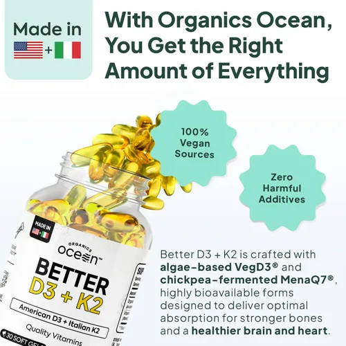 Miniatura 3 de Organics Ocean Better D3 + K2-100% Suplementos Orgánicos de VIT D3 y K2 con Máxima Biodisponibilidad – Apoya la Densidad Ósea, Equilibrio de Calcio