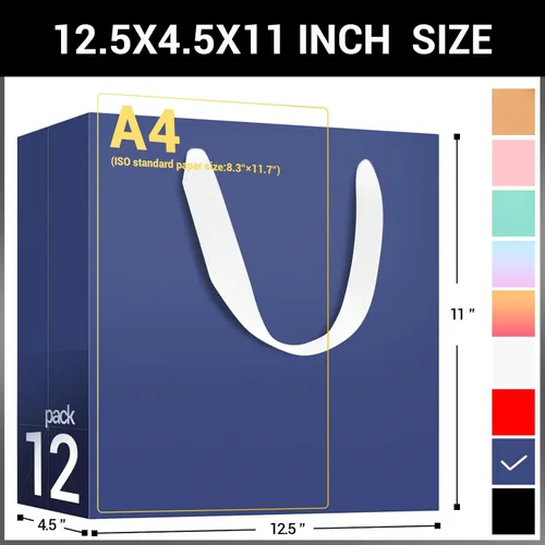Miniatura 2 de EUSOAR Bolsas de regalo azules a granel, paquete de 12 bolsas de compras de papel kraft de 12.5"x4.5"x11" pulgadas con asas a granel, bolsas de Azul