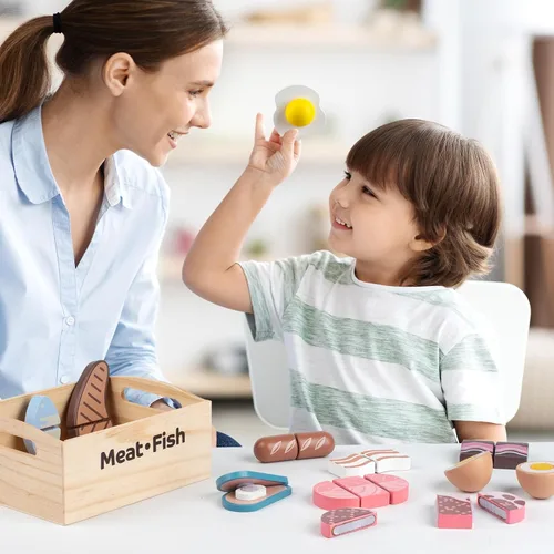 Miniatura 6 de Juego de 10 alimentos de madera para jugar carne y pescado para la cocina de los niños, juguete de madera, juego de corte de alimentos, juego