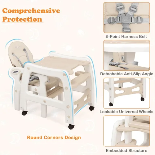 Miniatura 4 de INFANS 5 en 1 Silla Alta para Bebé, Juego de Silla y Mesa Convertible para Niños, Silla Mecedora, Asiento Multifuncional con Ruedas Universales Beige