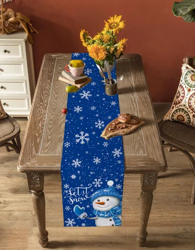 Miniatura 28 de Camino de mesa de muñeco de nieve de Navidad negro – Lino de algodón de 36 pulgadas de largo, bufandas de vestido de Navidad con copo de nieve