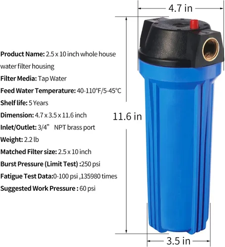 Miniatura 3 de Geekpure Carcasa delgada de filtro de agua para toda la casa de 10 pulgadas para filtro de 2.5 x 10 pulgadas, puerto de latón NPT de 3/4 pulgadas