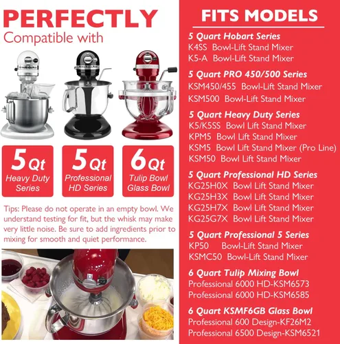 Miniatura 2 de Batidor de acero inoxidable K5A para mezclador de soporte KitchenAid de 5 cuartos de galón con elevación de tazón, látigo de 6 alambres compatible