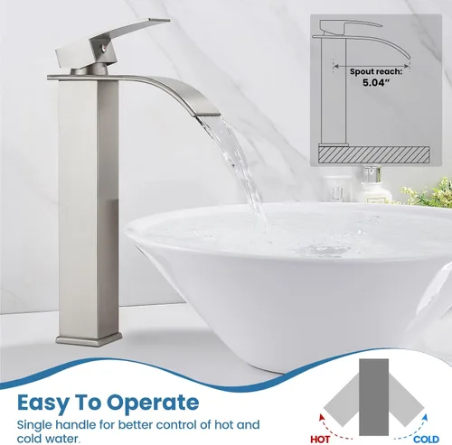 Miniatura 3 de Airuida Grifo de lavabo de recipiente alto, cascada de un solo agujero, grifo de baño, grifo mezclador de un solo agujero, grifo de lavabo