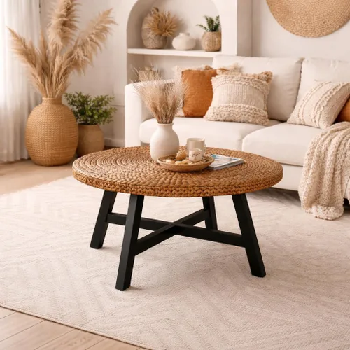Miniatura 4 de RANDEFURN Mesa de centro redonda, mesa de cóctel de madera de pino maciza con marco en X y marco de X, fácil de montar, varios tamaños para sala