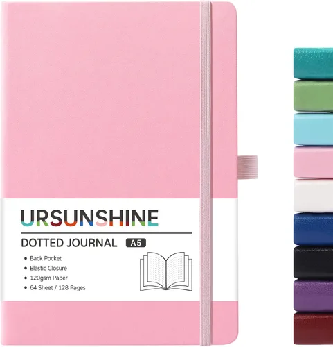 Miniatura 53 de Cuaderno punteado, diario, 5.3 x 8.26 pulgadas, tapa dura, prémium, papel grueso, doble espiral, bandas, cuero negro sintético, lazo para bolígrafo