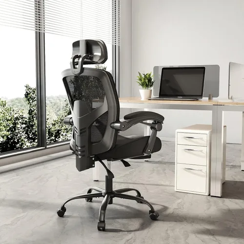 Miniatura 9 de Silla ergonómica de oficina, silla de escritorio de malla con respaldo alto para computadora con soporte lumbar y ruedas, silla giratoria ajustable