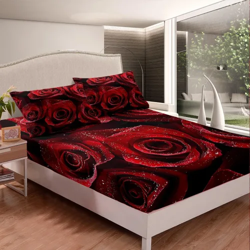 Miniatura 4 de Erosebridal Ropa de cama de 3 piezas de rosa roja, tamaño individual, sábana bajera y sábana encimera para mujeres y niñas, estampado de momentos