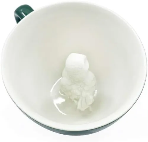 Miniatura 3 de Creature Cups OWL Taza de Cerámica (11 Onzas, Exterior Verde Esmeralda) - Animal 3D Oculto en el Interior Emerge Mientras Bebes - Regalo de Búho
