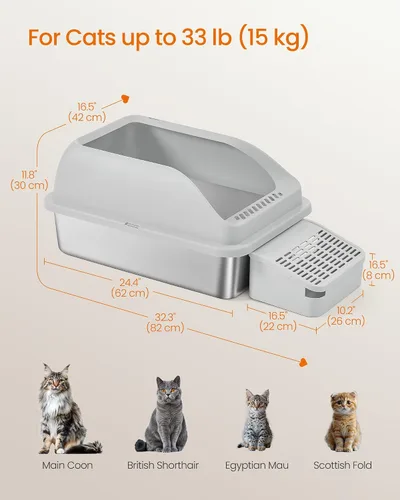 Miniatura 6 de Feandrea Caja de arena para gatos de acero inoxidable con parte superior abierta, bandeja de arena de alta cara con escalón, cuchara, cepillo