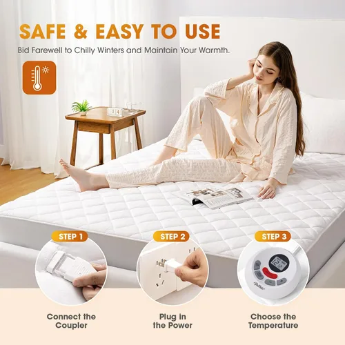 Miniatura 7 de Protector de colchón térmico tamaño individual, protector de colchón eléctrico con funciones de precalentamiento, calentador de cama con controlador