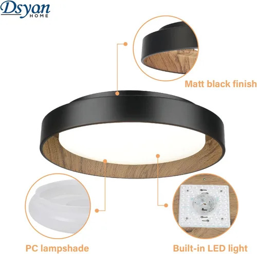 Miniatura 3 de Lámpara de techo empotrada con acento de madera, LED de 13 pulgadas, color negro, con veta de madera, 24 W, regulable 5CCT lámpara de techo