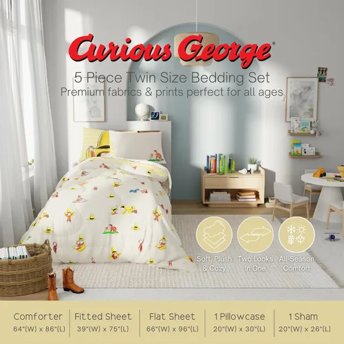 Miniatura 2 de Curious George - Juego de ropa de cama tamaño individual, juego de 5 piezas para niños, edredón reversible súper suave y acogedor con funda