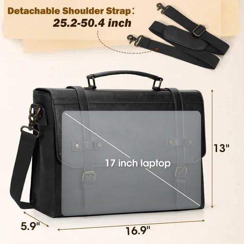 Miniatura 3 de RAINSMORE Bolsa de mensajero para hombre de 17 pulgadas, impermeable, de piel vintage, maletín para laptop, bolsa grande para laptop, cartera, bolsa