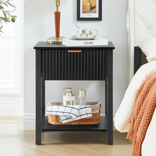 Mesita de noche moderna de mediados de siglo con cajón, mesita de noche negra para dormitorio, mesa auxiliar pequeña con almacenamiento, mesa