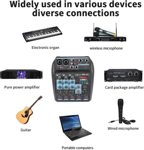 Miniatura 2 de Dj Mixers - Mezclador de audio de 4 canales con Bluetooth, interfaz de audio USB portátil con alimentación fantasma de 48 V, tablero mezclador