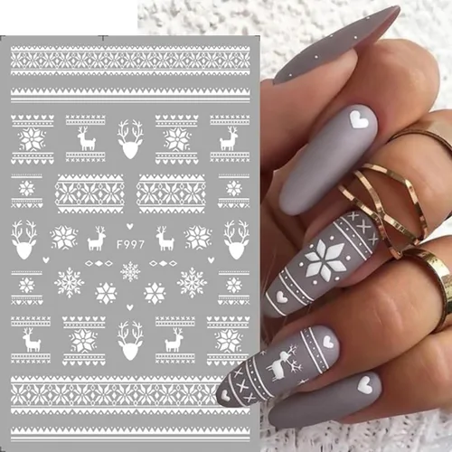Miniatura 6 de 10 hojas de calcomanías de uñas de Navidad 3D con copo de nieve - Diseño de purpurina autoadhesiva blanca, decoraciones de invierno para Navidad