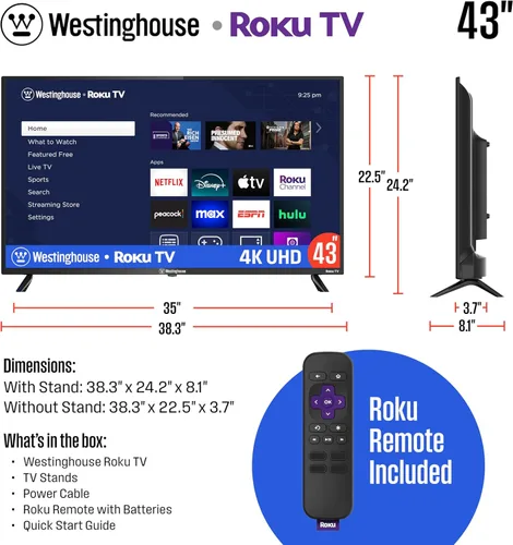 Miniatura 6 de Westinghouse Roku TV - Smart TV de 43 Pulgadas, Televisión 4K UHD con Conectividad Wi-Fi y Aplicación Móvil, Pantalla Plana, Bluetooth, Compatible