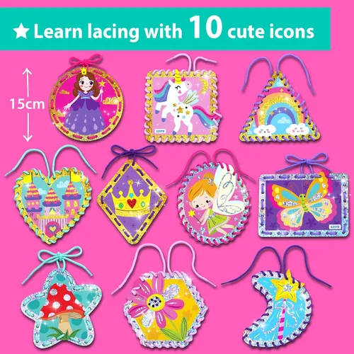 Miniatura 3 de KRAFUN My First - Tarjetas de cordones para niñas de 3 años en adelante, 10 proyectos holográficos de princesa unicornio de artes y manualidades