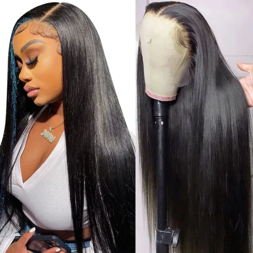 Miniatura 18 de mengkai Pelucas de cabello humano de 32 pulgadas con encaje frontal de 13x6, cabello humano predesplumado liso, peluca frontal de encaje HD