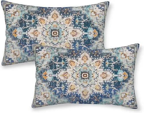 Miniatura 26 de Juego de 2 fundas de almohada bohemias de 20 x 20 pulgadas, fundas de cojín con patrón de alfombra, color amarillo mostaza y azul, diseño étnico