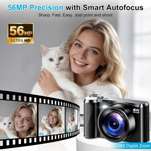 Miniatura 2 de Cámara digital 4K para fotografía, cámara de enfoque automático de 56 MP con pantalla abatible de 180° de 3 pulgadas, zoom de 16X, cámara compacta