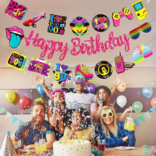 Miniatura 8 de Pancartas de fiesta de cumpleaños temáticas de los años 90, decoraciones retro de fiesta de cumpleaños de los años 90, decoraciones de regreso a