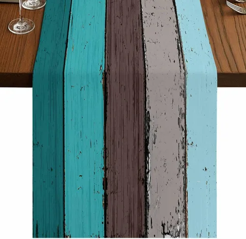Miniatura 53 de Ocean Hues Farmhouse - Camino de mesa de lino y algodón, estilo retro, con textura de madera de granero rústica, degradado, azul, gris, Azul