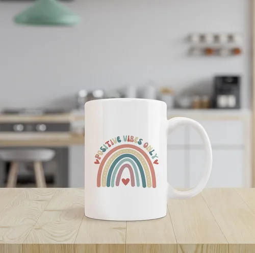 Miniatura 2 de Taza de cerámica retro Groovy Positive Vibes Boho Rainbow Heart de 11 onzas, taza de té con leche con asa, regalos positivos para mujeres