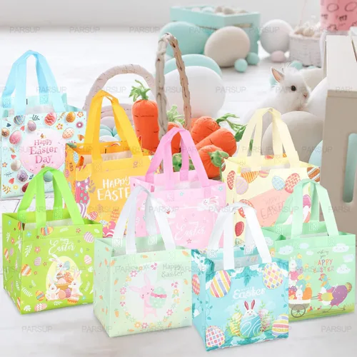Miniatura 5 de PARSUP 8 bolsas de Pascua con diseño de conejo, zanahoria, huevos de gallina, bolsas no tejidas con asas para envolver regalos, caza de huevos